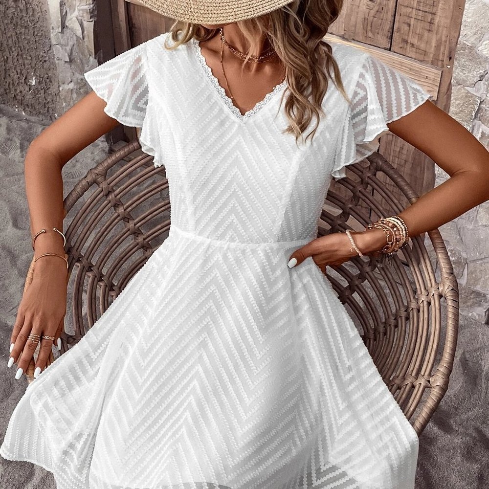 White Preppy Womens Contrast Lace Tie Backless Butterfly Sleeve Dress - Picture 2 of 5